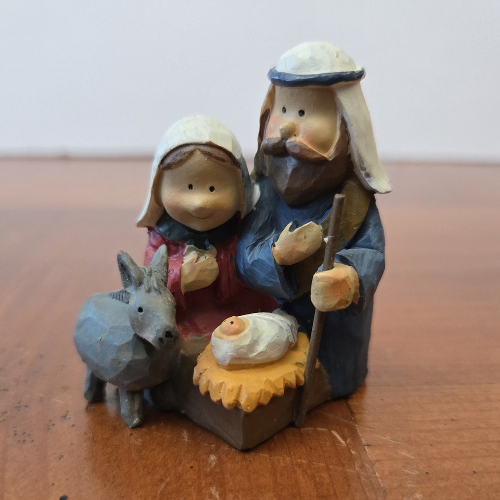 Adorable Nativity Scene Resin Figurine - Holy Family - Mary Joseph Jesus Donkey